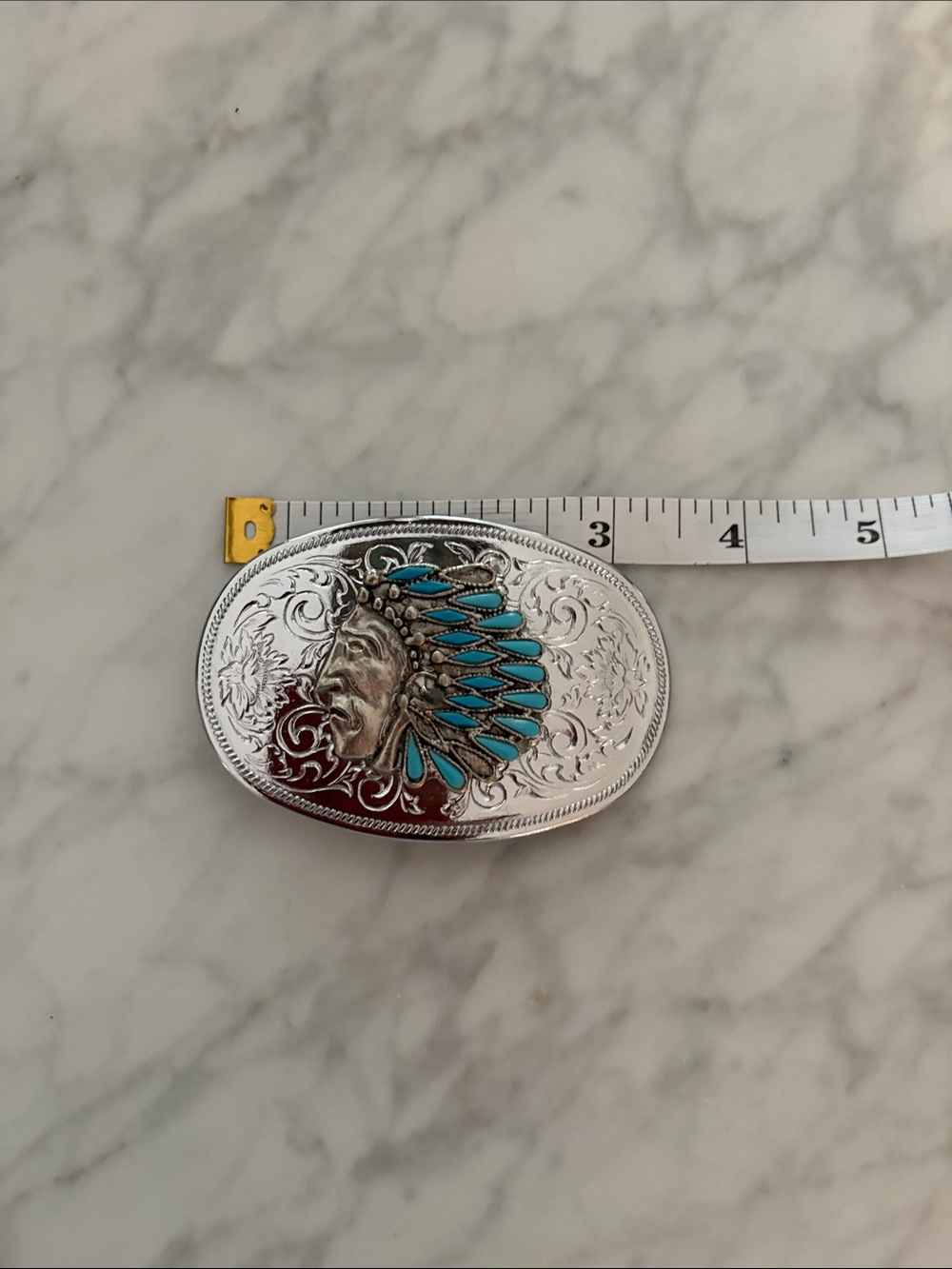 Silver-Tone Turquoise Native Headdress Belt Buckle